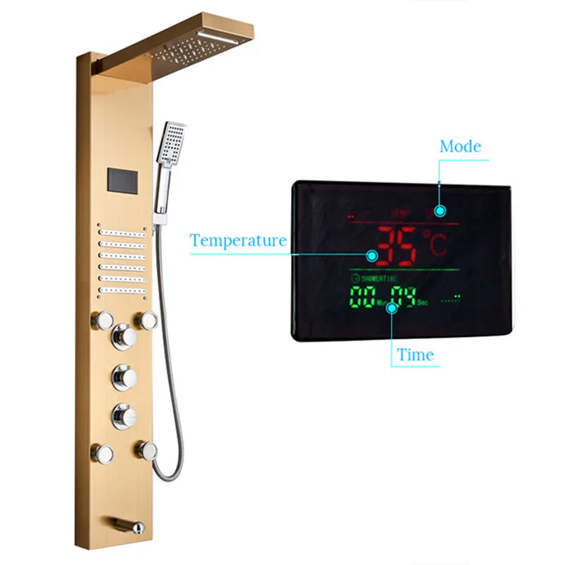 Brushed Stainless Steel Waterfall Shower Panel 5 Function With Massage