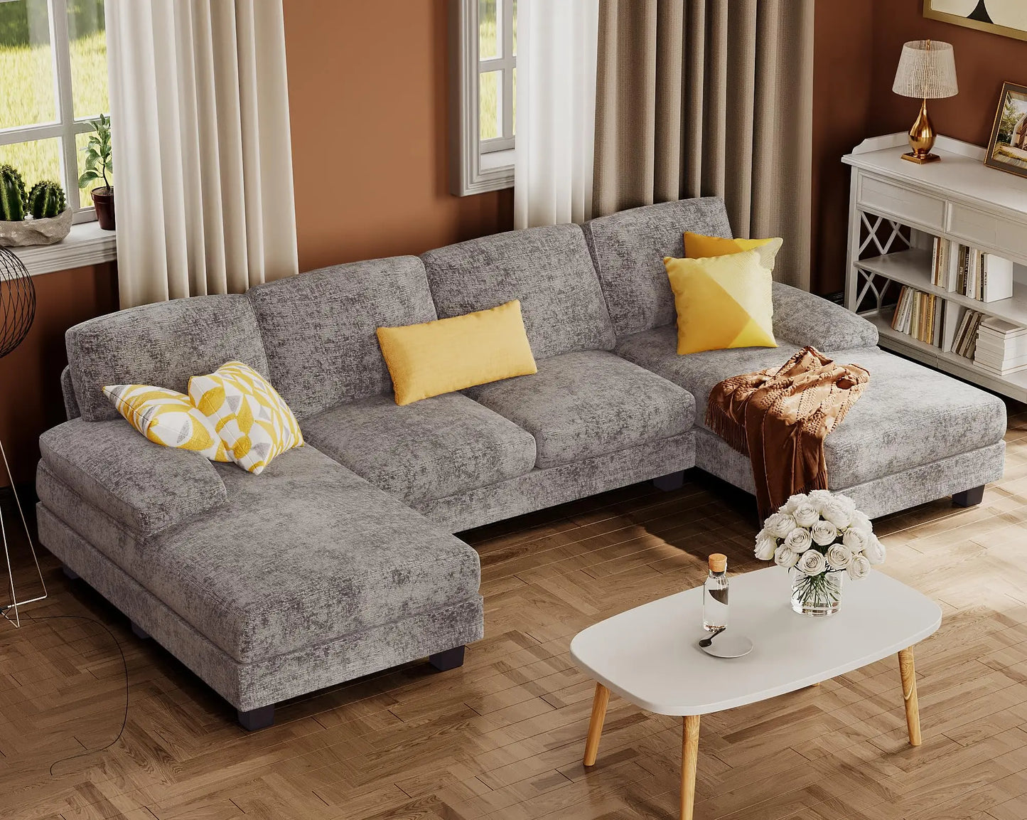 Sectional Sofa for Living Room U Shaped Couch Linen Fabric