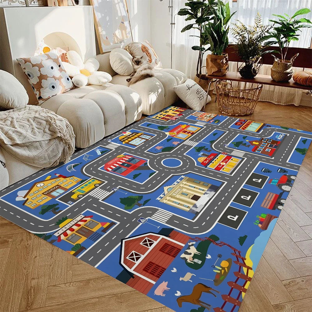 Kids Car Play Mat City Highway Traffic Rug Non Slip