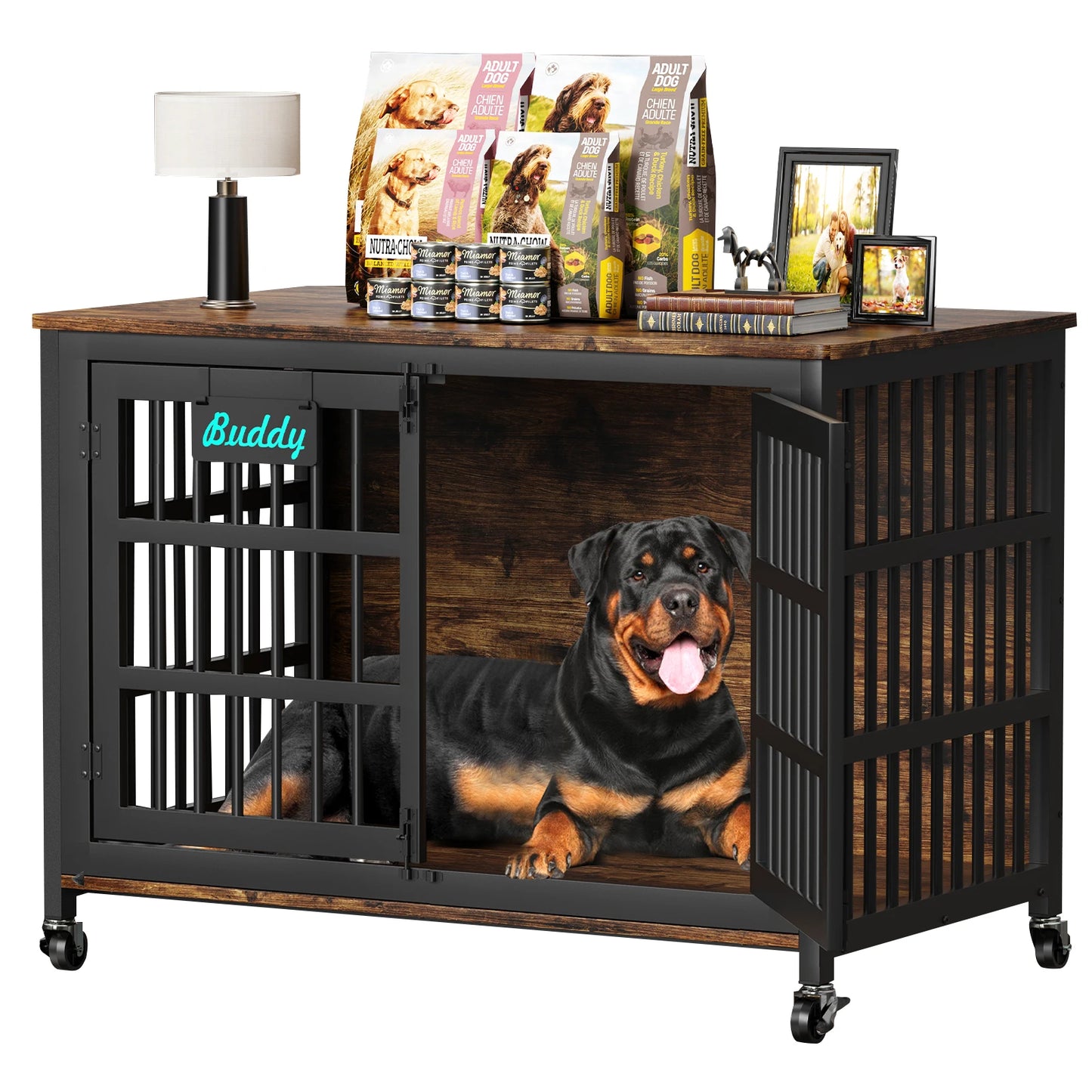 Dog Crate Furniture With Casters Indoor Kennel For Large Dogs