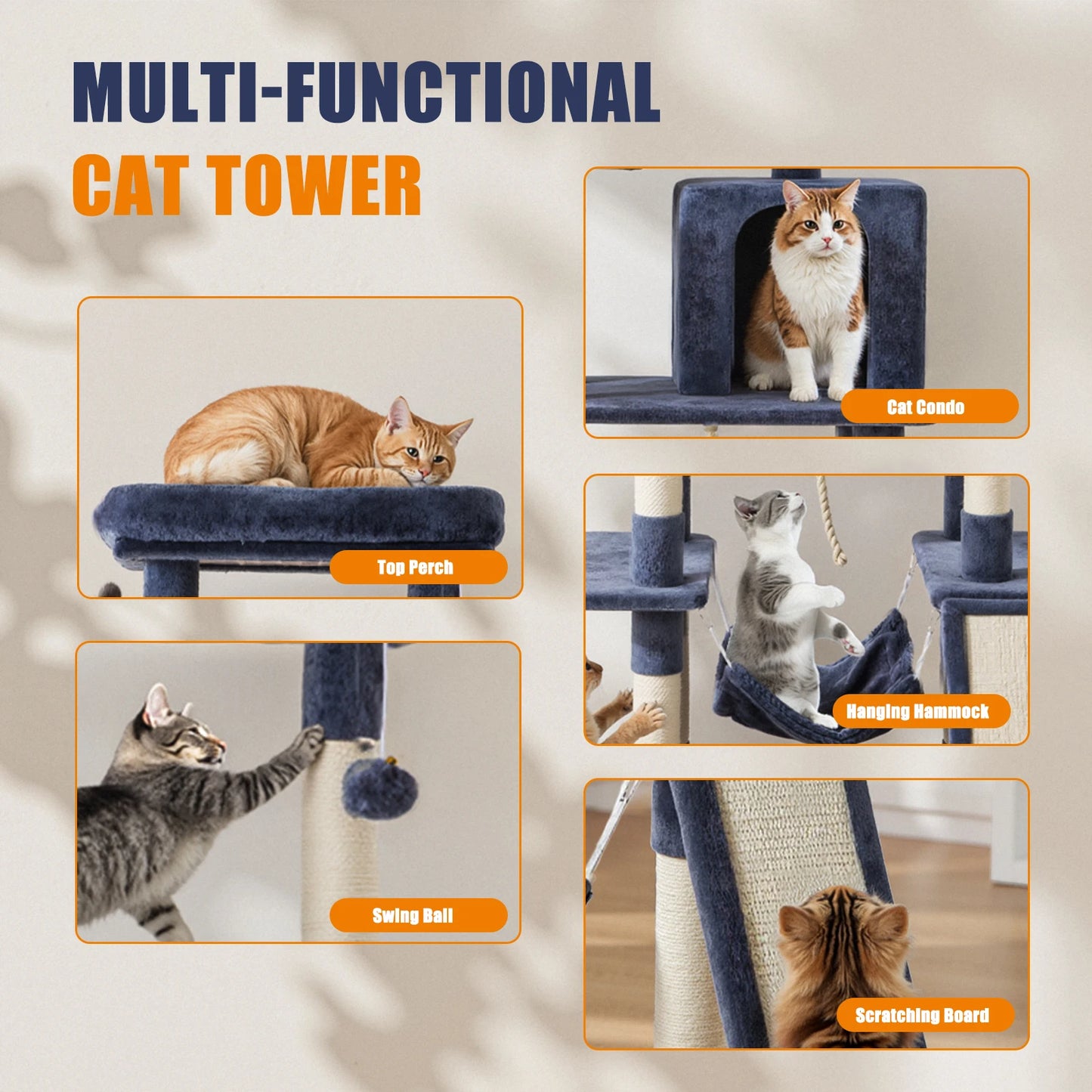 JHK Cat Tree Tall Multi Cat Climbing Tower With Sisal Scratching Posts