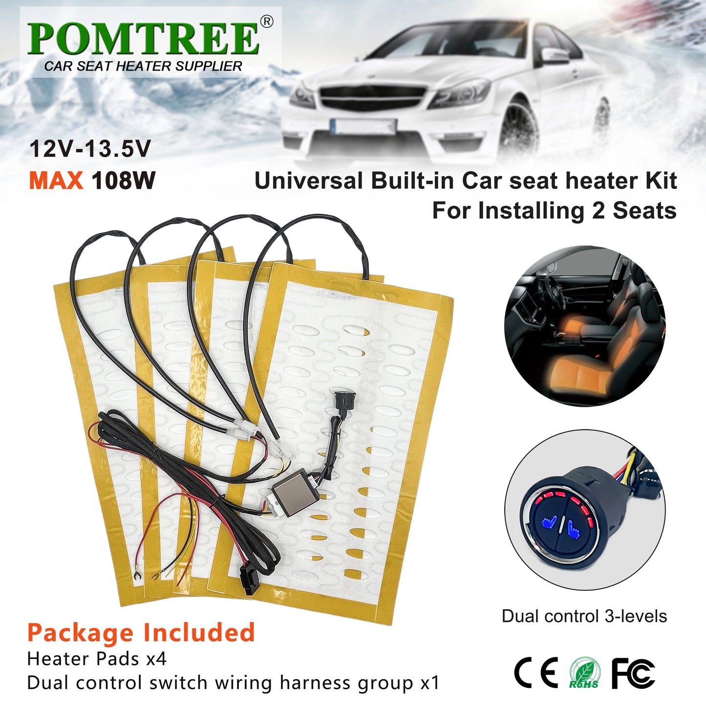Universal Built-In Car Seat Heater For 2 Seats 12V 3-Level