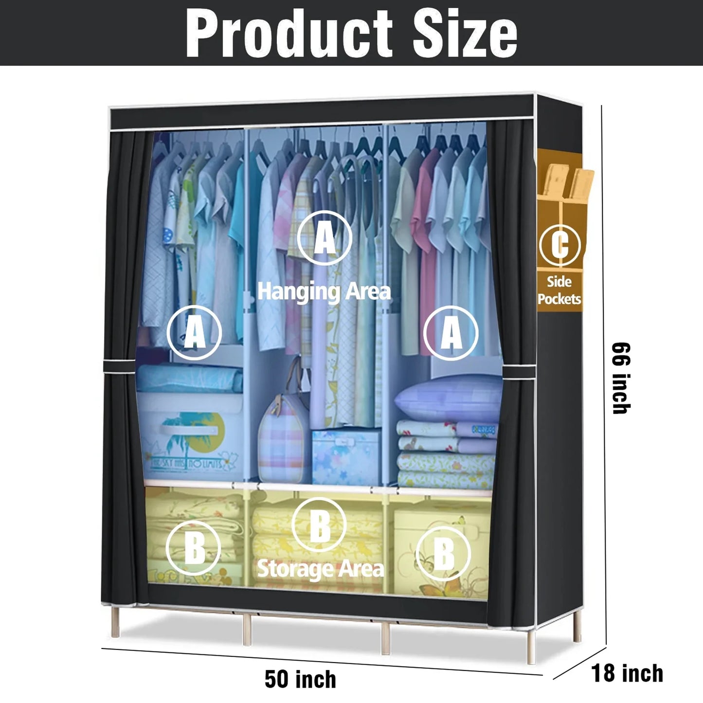 Portable Closet Wardrobe With Metal Frame And Nonwoven Cover