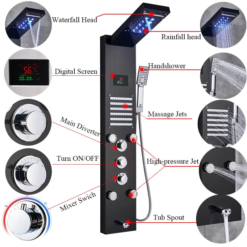 Brushed Stainless Steel Waterfall Shower Panel 5 Function With Massage