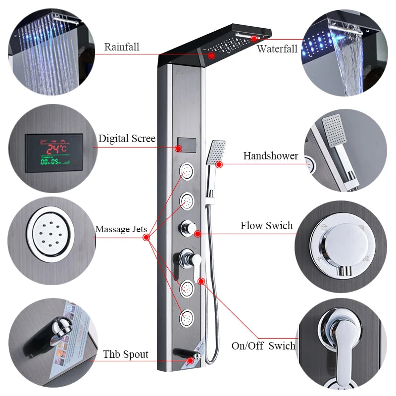 Shinesia Luxury LED Shower Panel With Massage Jets Rain