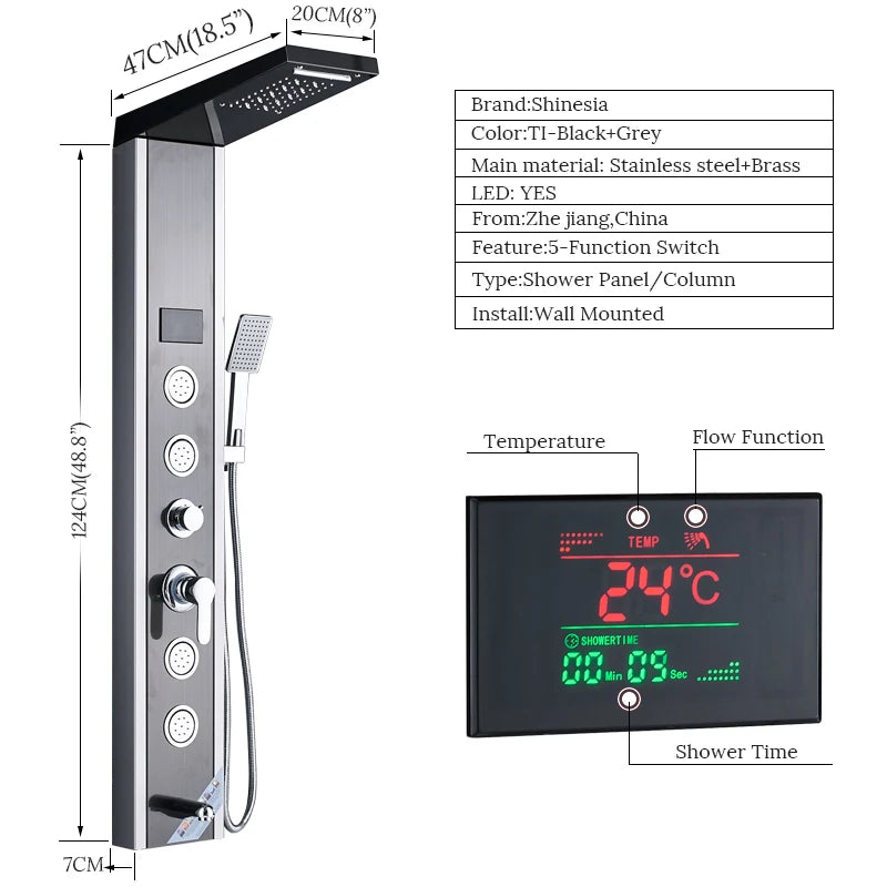 Shinesia Luxury LED Shower Panel With Massage Jets Rain