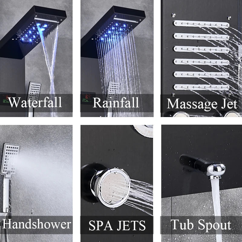 Brushed Stainless Steel Waterfall Shower Panel 5 Function With Massage