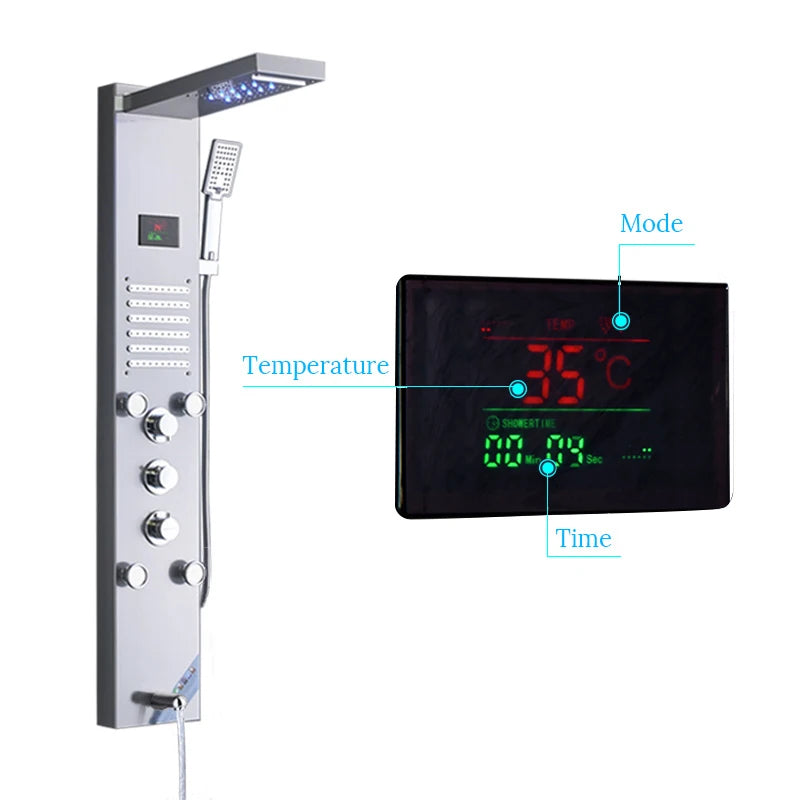 Brushed Stainless Steel Waterfall Shower Panel 5 Function With Massage