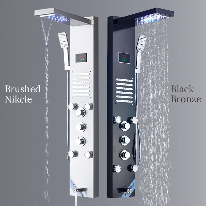 Brushed Stainless Steel Waterfall Shower Panel 5 Function With Massage