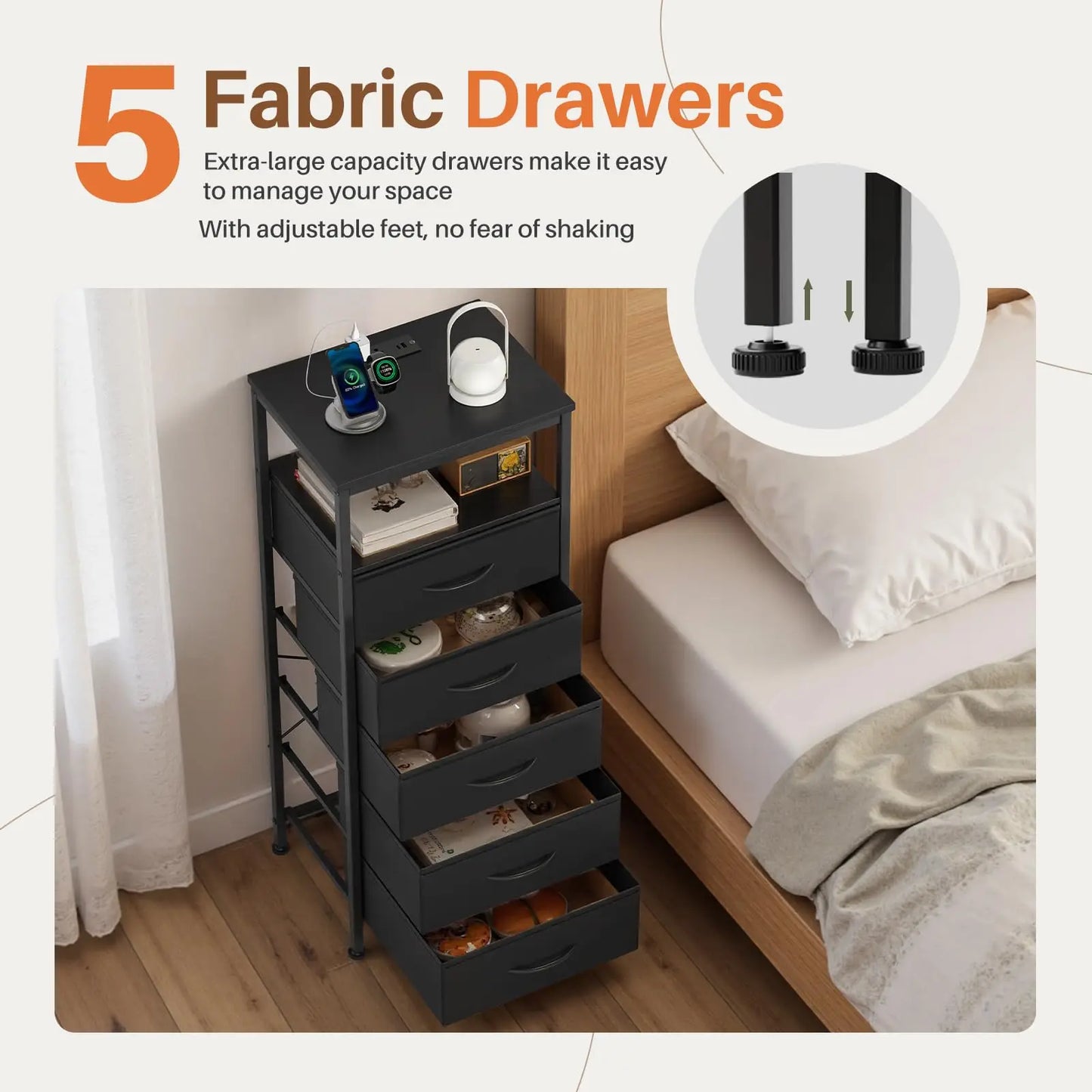 JHK Five-Drawer Dresser Nightstand With Charging Station Outlets And Light