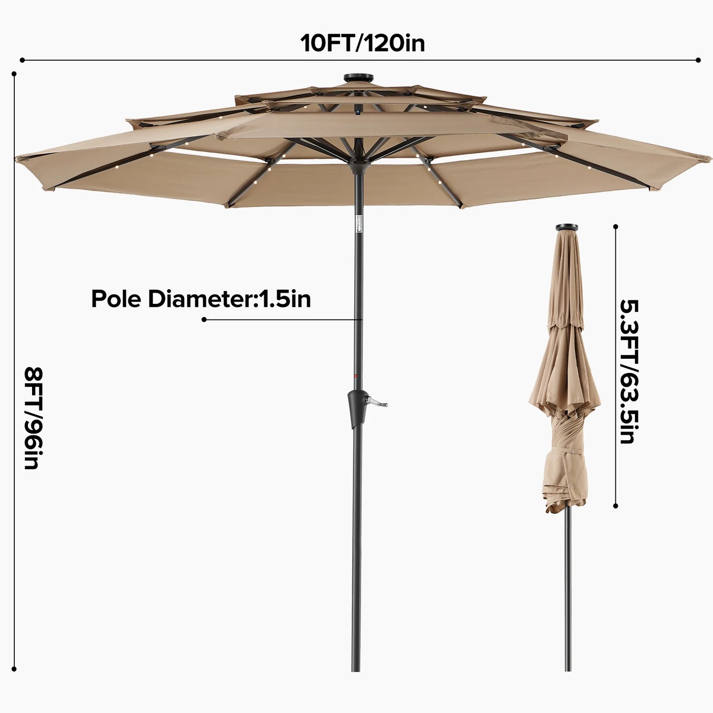 JHK Crank 3 Tier Outdoor Patio Umbrella With LED Lights