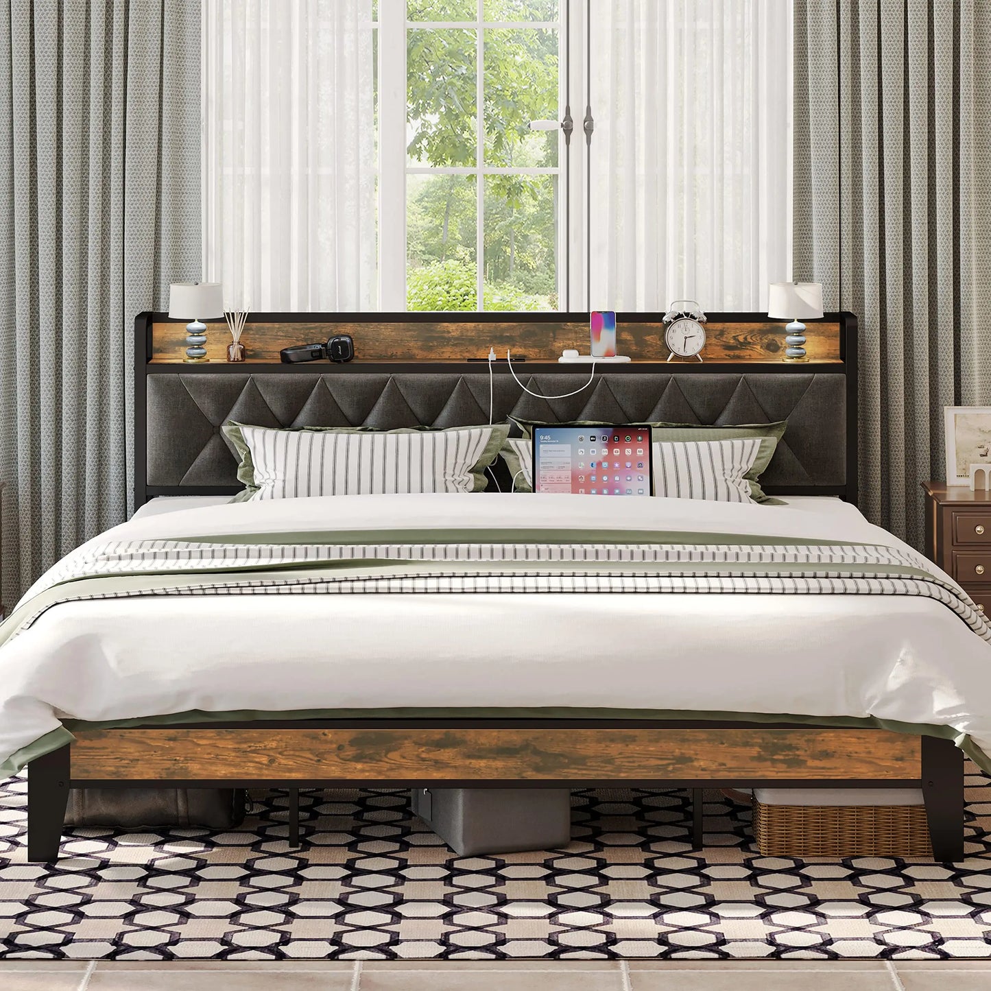 Storage Headboard Bed Frame With Outlets No Box Springs