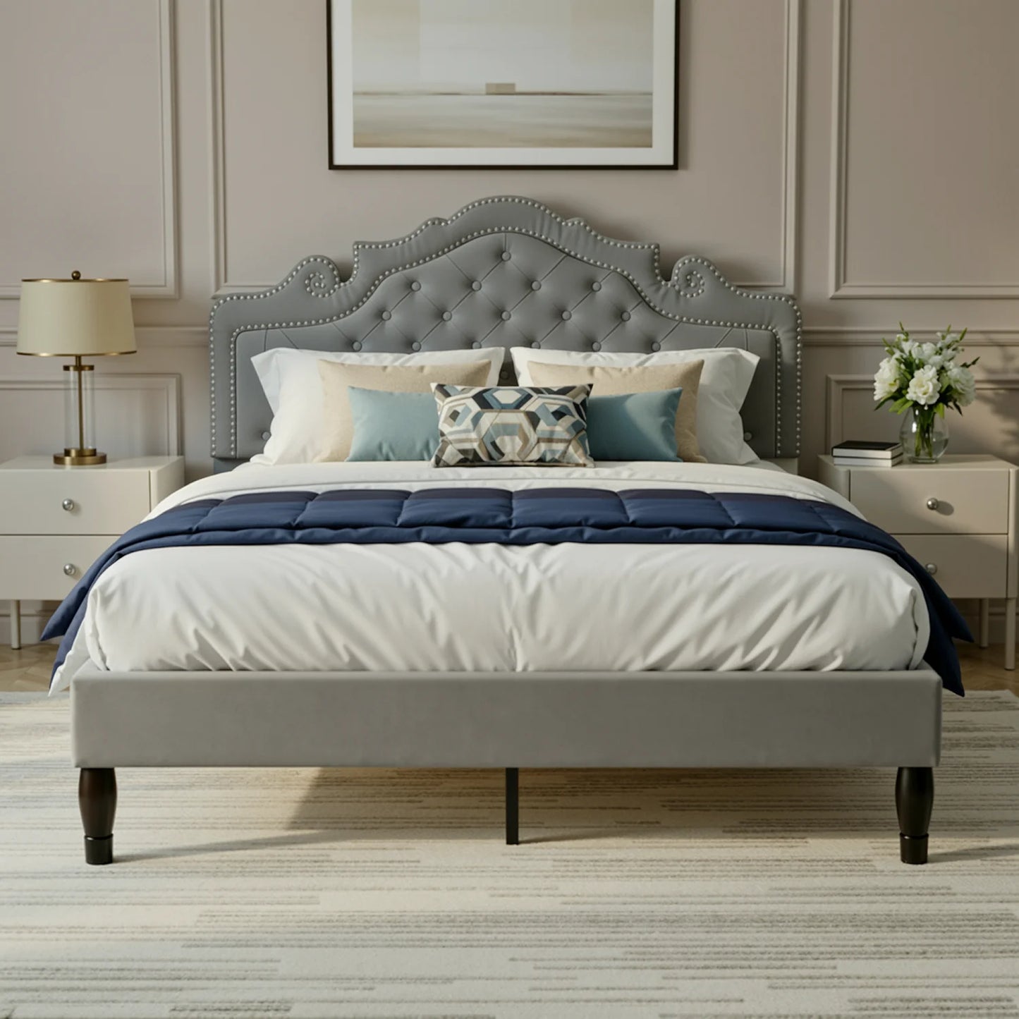 HOOMIC Velvet Diamond Tufted Bed Frame With Adjustable Tiara Headboard