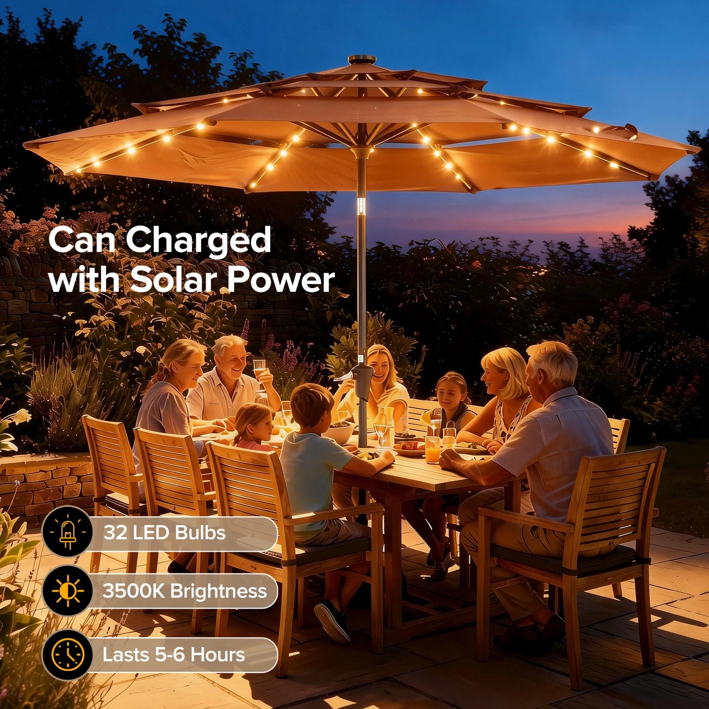 JHK Crank 3 Tier Outdoor Patio Umbrella With LED Lights