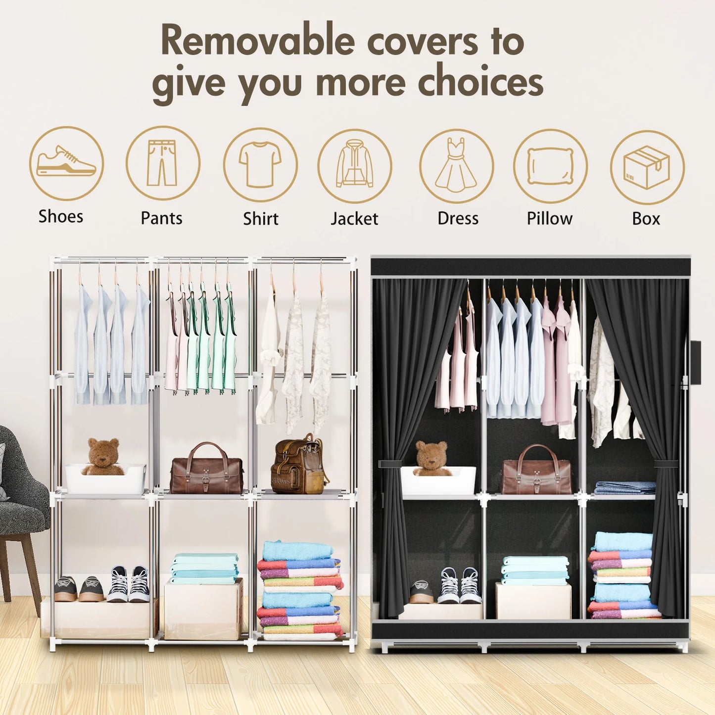Portable Closet Wardrobe With Metal Frame And Nonwoven Cover