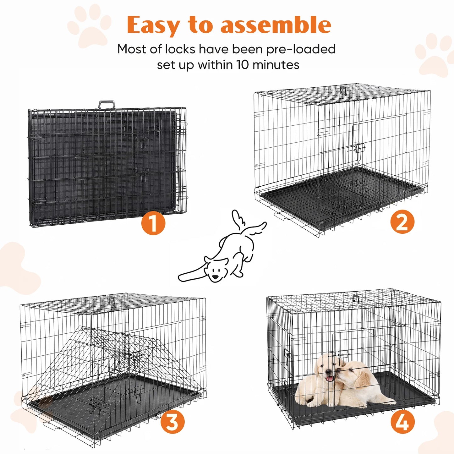 JHK Folding Double-Door Metal Dog Cage With Leak-Proof Pan