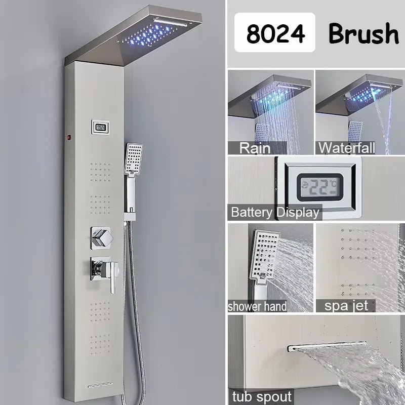 Brushed Stainless Steel Waterfall Shower Panel 5 Function With Massage
