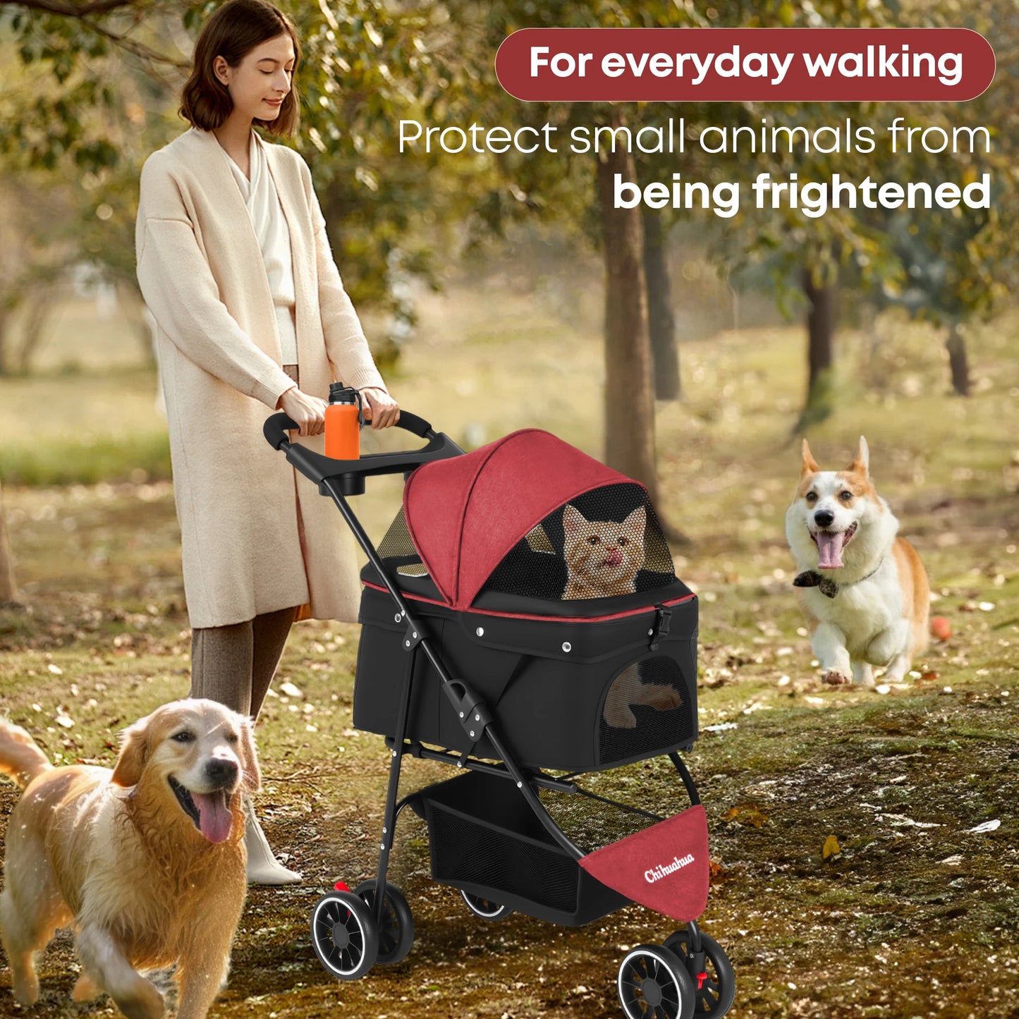 Chihuahua Pet Stroller 3 Wheel Foldable With Breathable Mesh Canopy Cats Dogs