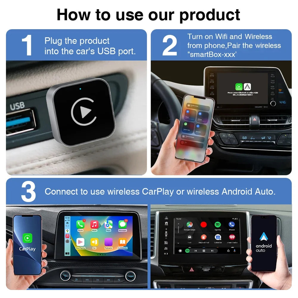Mojoyce 2-in-1 Wireless CarPlay Android Auto Adapter Plug and Play
