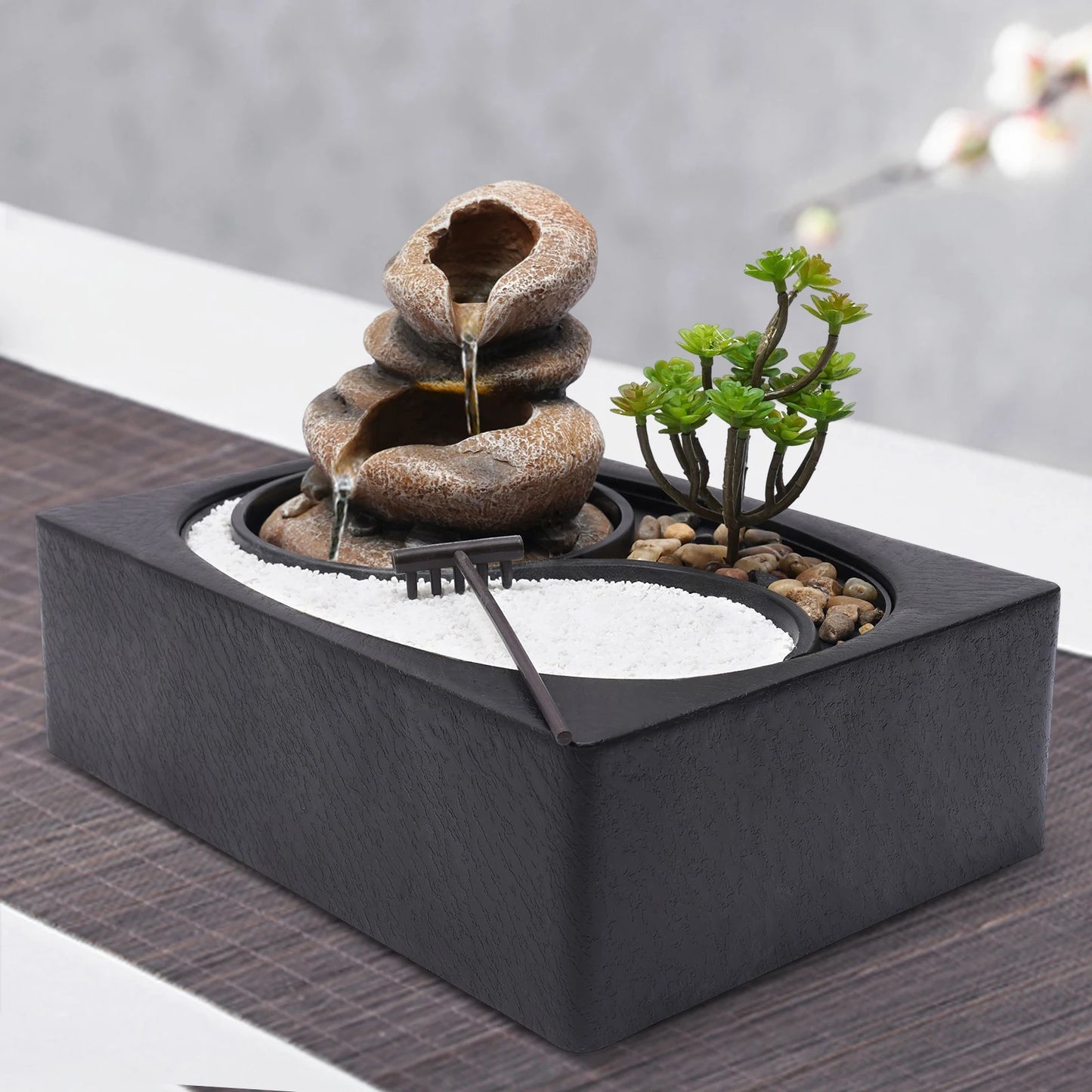 Bymaocar Tabletop Resin Rock Water Fountain With LED Light Indoor