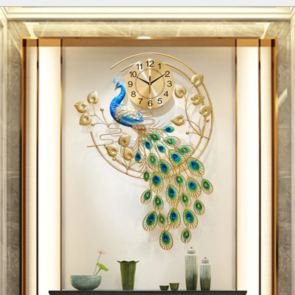 Peacock Art Wall Clock Silent Metal Timepiece For Home Decor