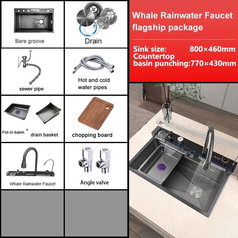 Telisiya Waterfall Kitchen Sink Stainless Steel With Digital Display