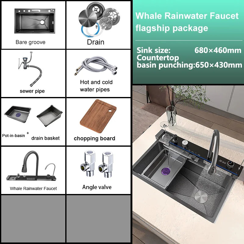 Telisiya Waterfall Kitchen Sink Stainless Steel With Digital Display