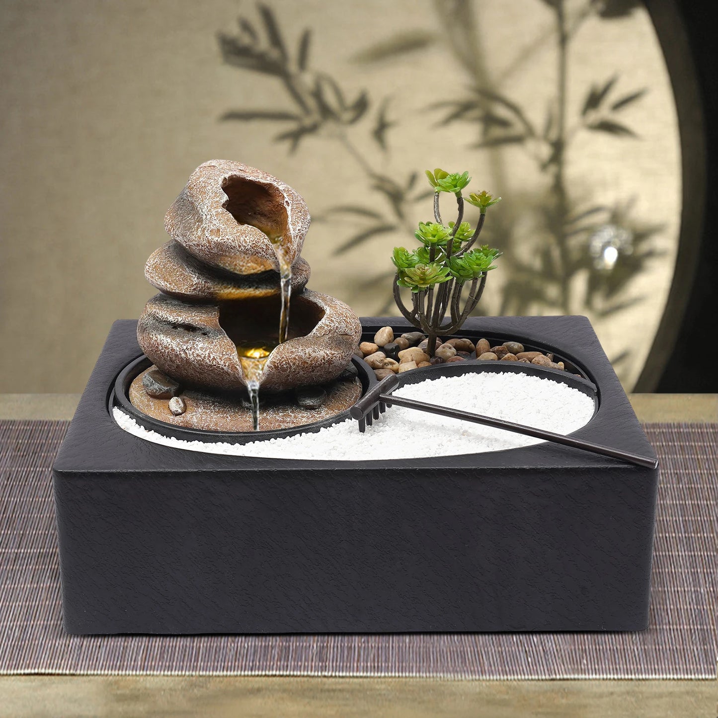 Bymaocar Tabletop Resin Rock Water Fountain With LED Light Indoor