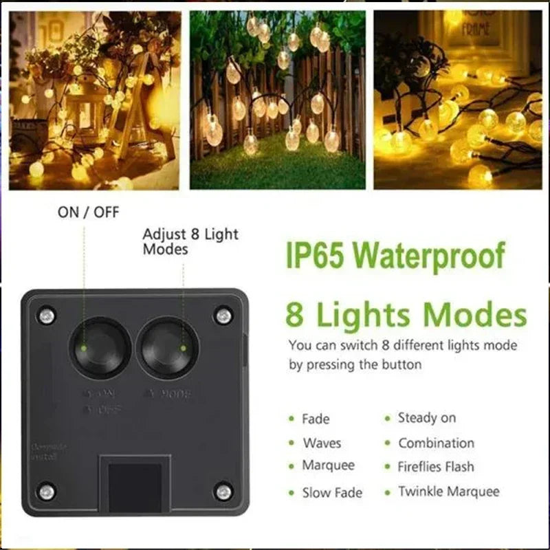 Solar String Lights Outdoor Fairy Crystal Garland 8 Modes Waterproof