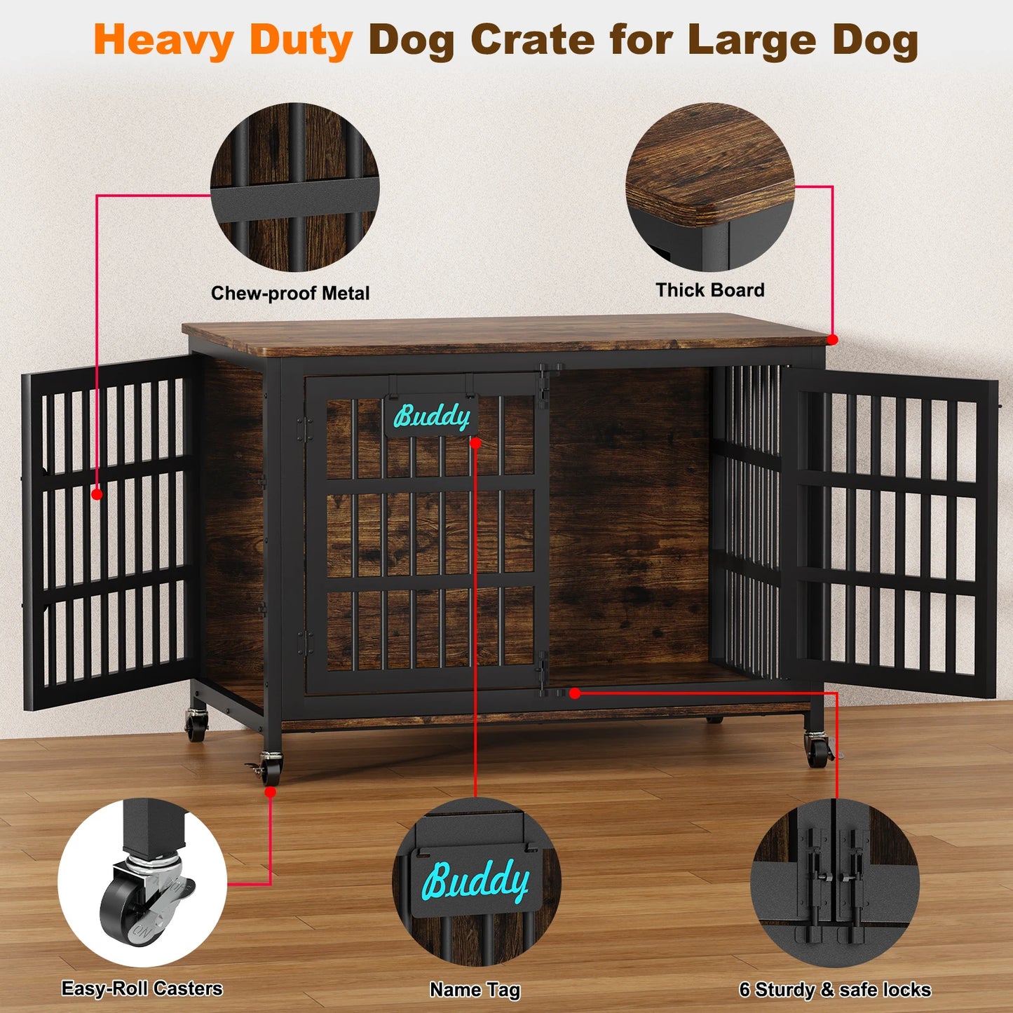 Dog Crate Furniture With Casters Indoor Kennel For Large Dogs