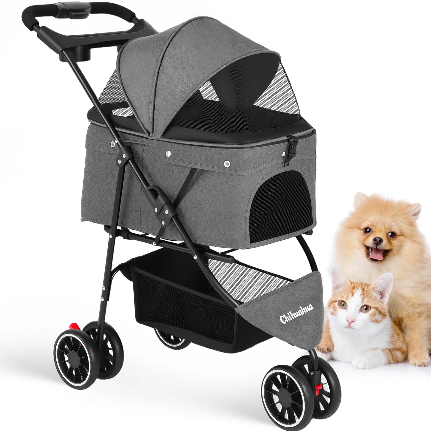 Chihuahua Pet Stroller 3 Wheel Foldable With Breathable Mesh Canopy Cats Dogs