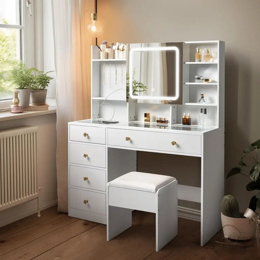 Makeup Vanity Desk With Lighted Mirror And Charging Station