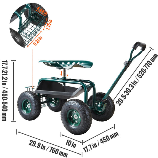 SucceBuy Rolling Garden Cart With Seat And 360 Degree Swivel