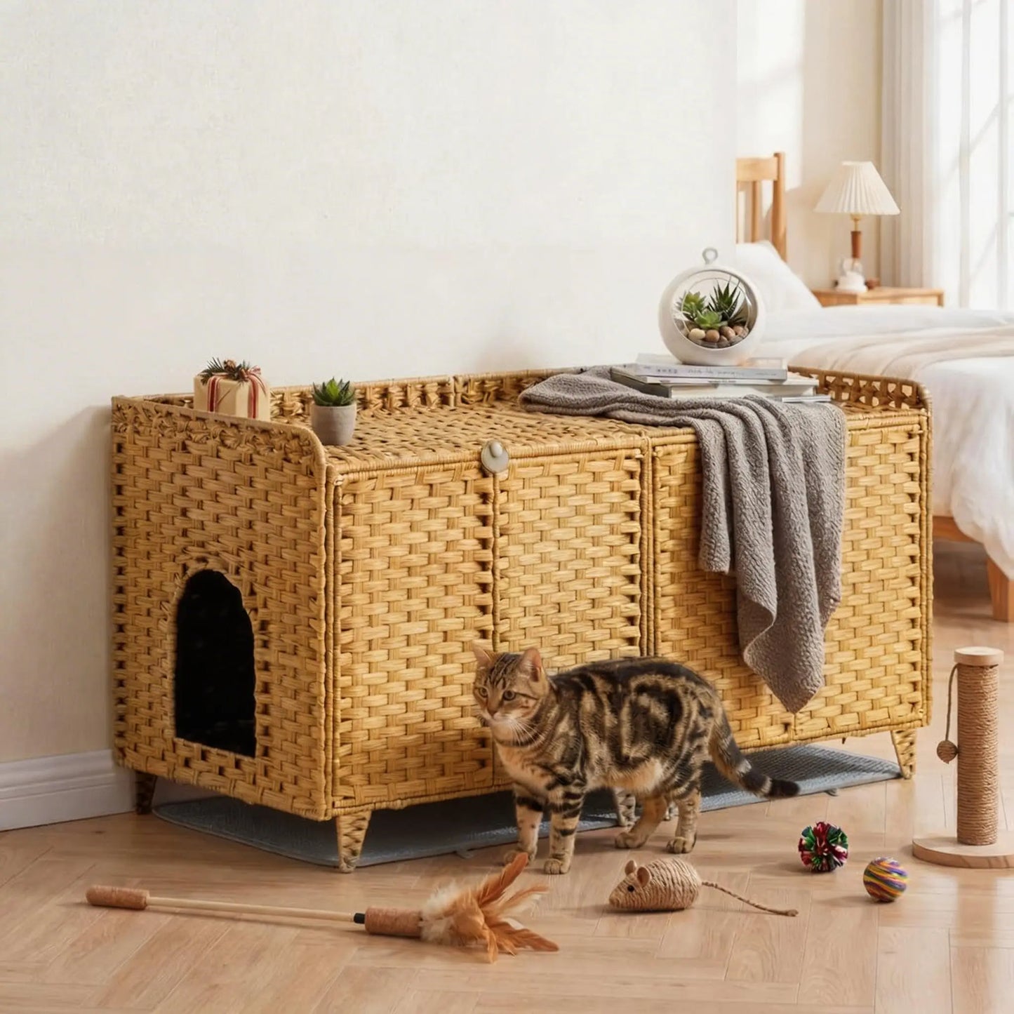 HiMISS Double Litter Box Enclosure for Two Cats in Rattan