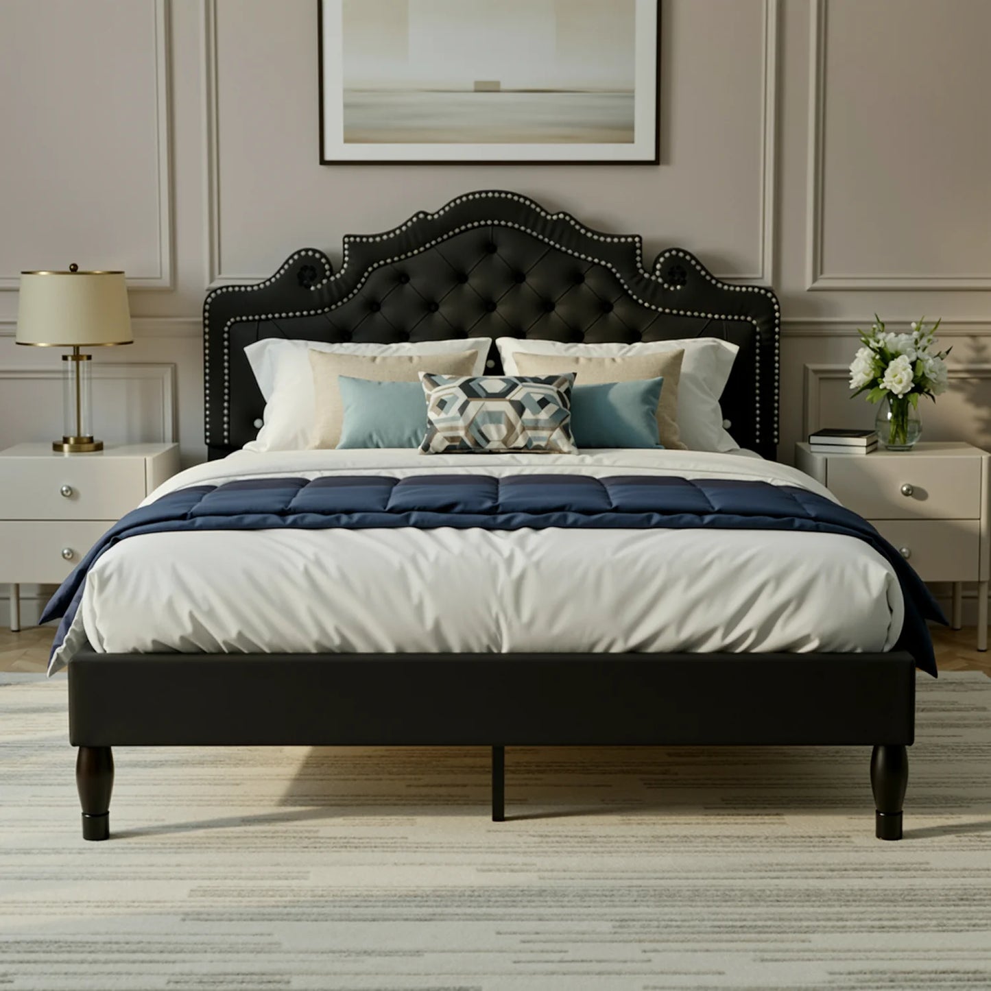 HOOMIC Velvet Diamond Tufted Bed Frame With Adjustable Tiara Headboard