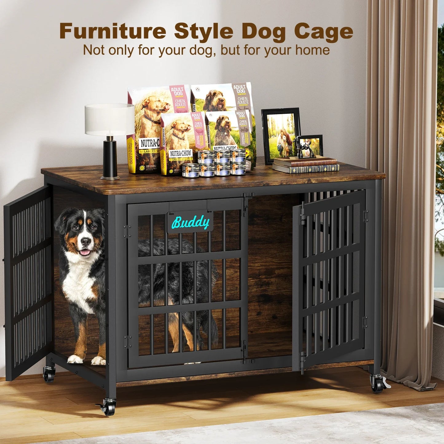 Dog Crate Furniture With Casters Indoor Kennel For Large Dogs