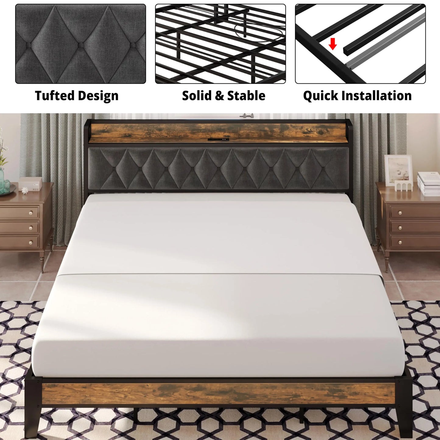 Storage Headboard Bed Frame With Outlets No Box Springs