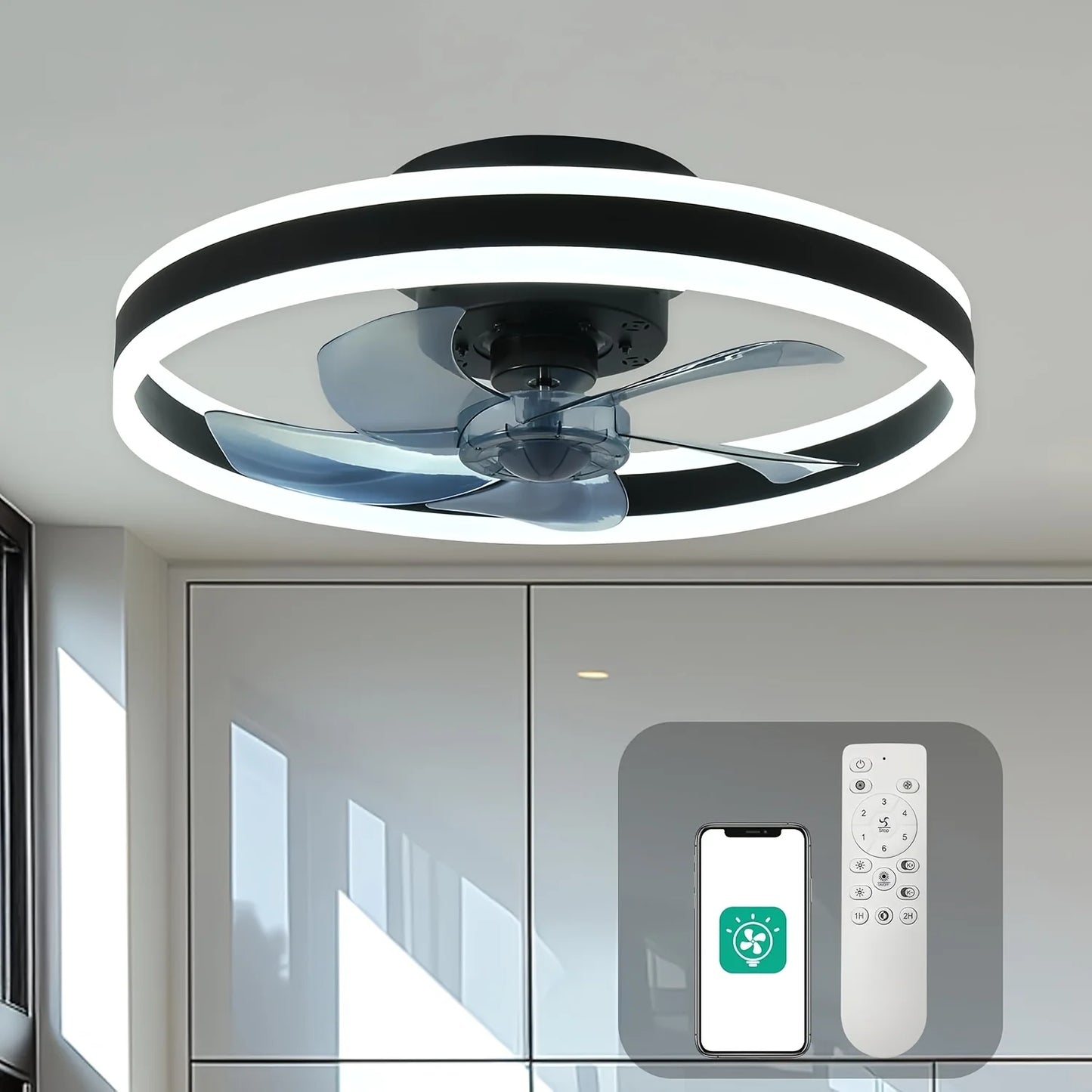 Orison Ceiling Fan with Remote Control, Flush Mount, Dimmable LED