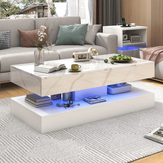 QiaoShiRen LED Coffee Table With Double Layer Storage Drawers