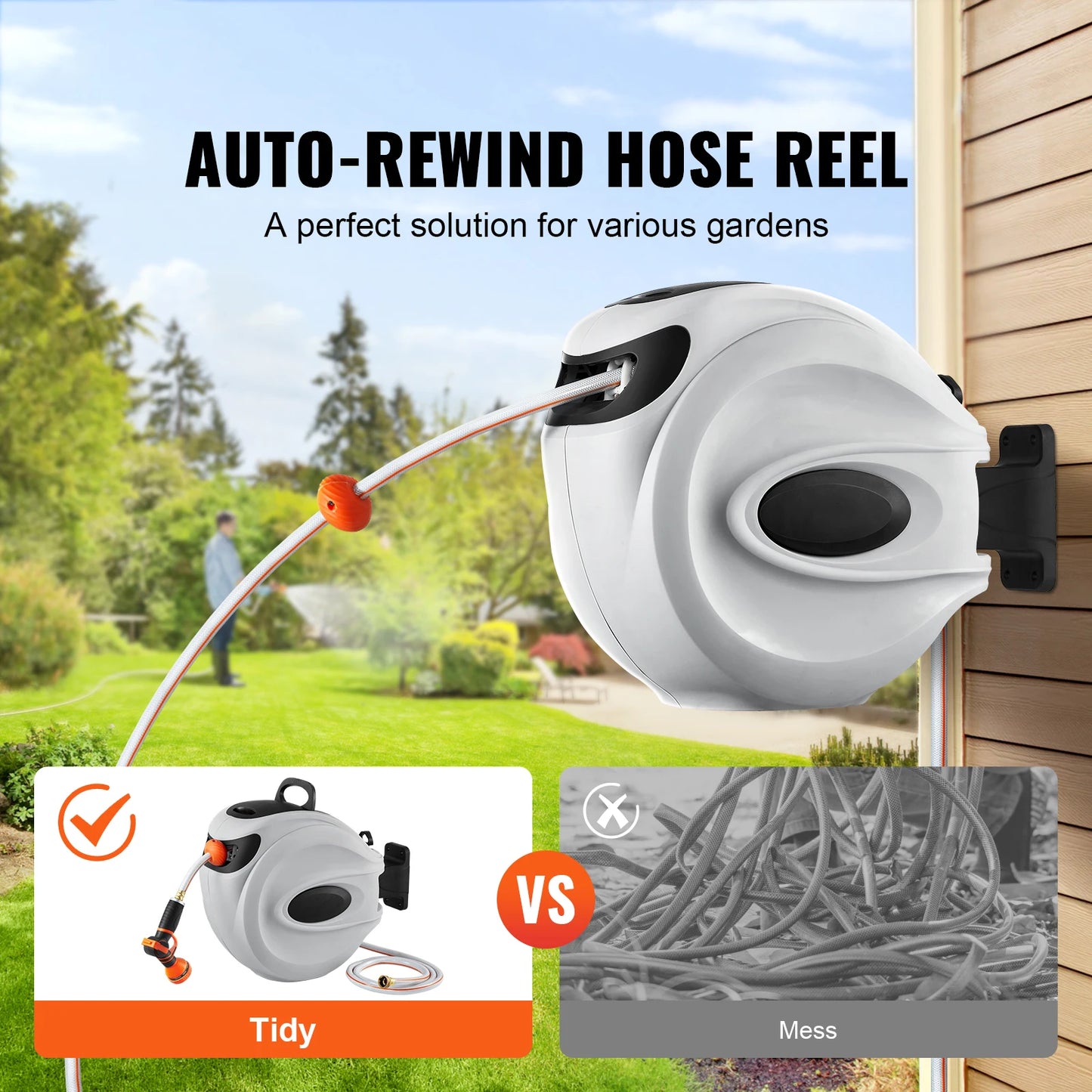 SucceBuy Retractable Hose Reel With 9 Pattern Nozzle Wall Mount