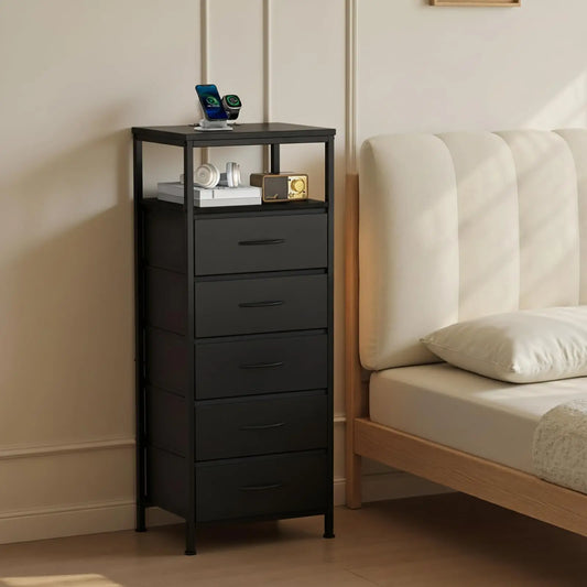 JHK Five-Drawer Dresser Nightstand With Charging Station Outlets And Light