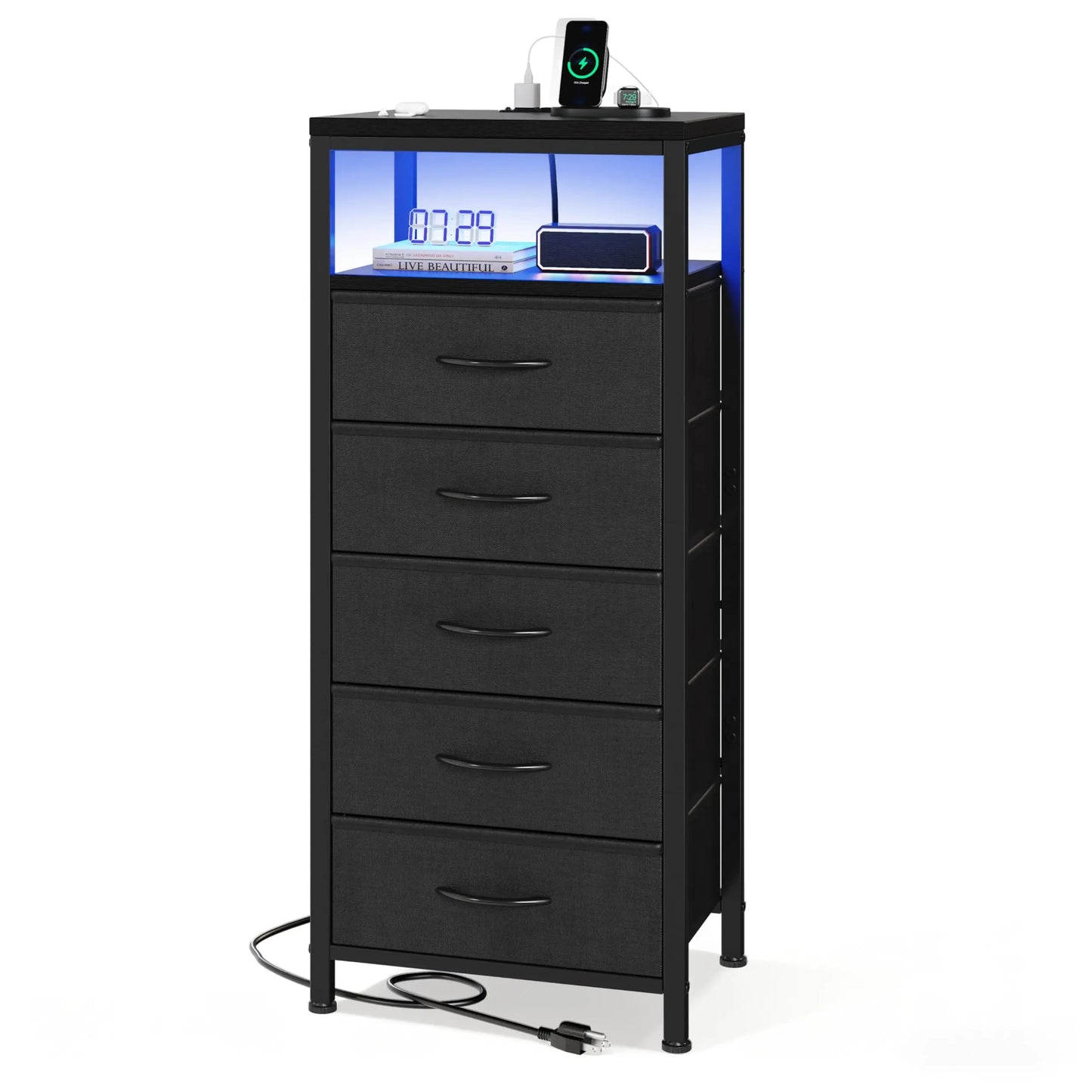 JHK Five-Drawer Dresser Nightstand With Charging Station Outlets And Light