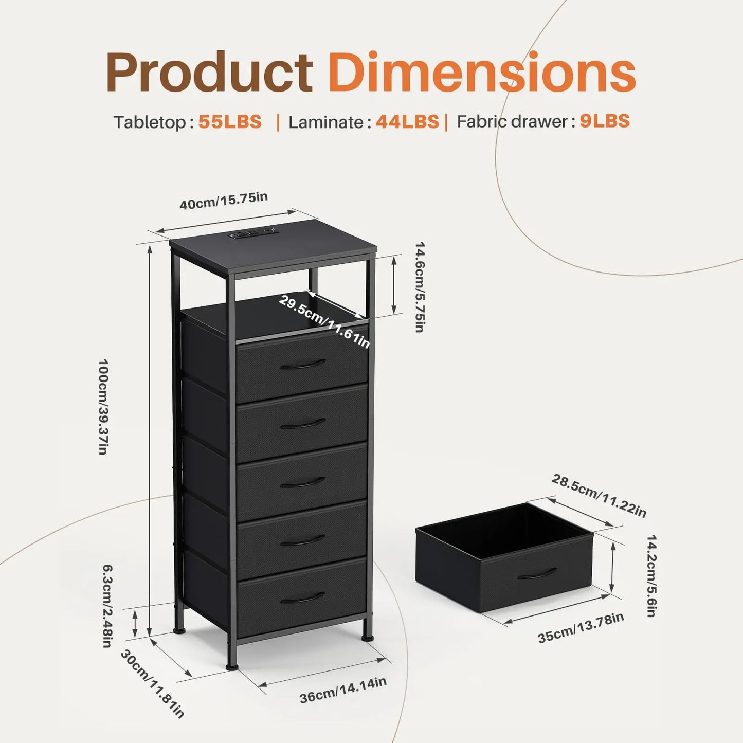 JHK Five-Drawer Dresser Nightstand With Charging Station Outlets And Light
