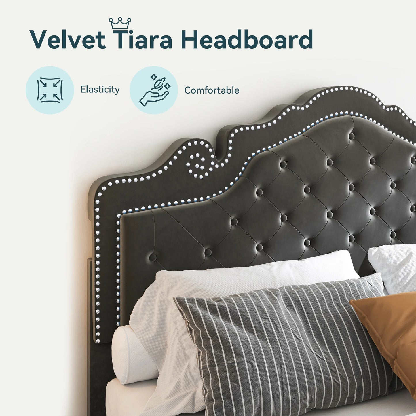 HOOMIC Velvet Diamond Tufted Bed Frame With Adjustable Tiara Headboard