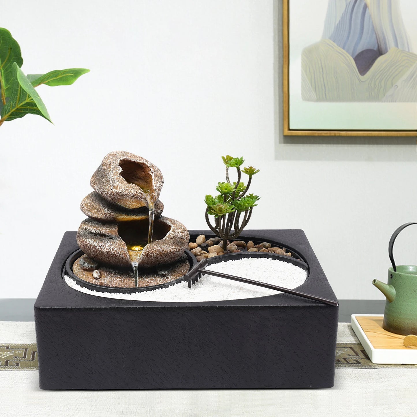 Bymaocar Tabletop Resin Rock Water Fountain With LED Light Indoor