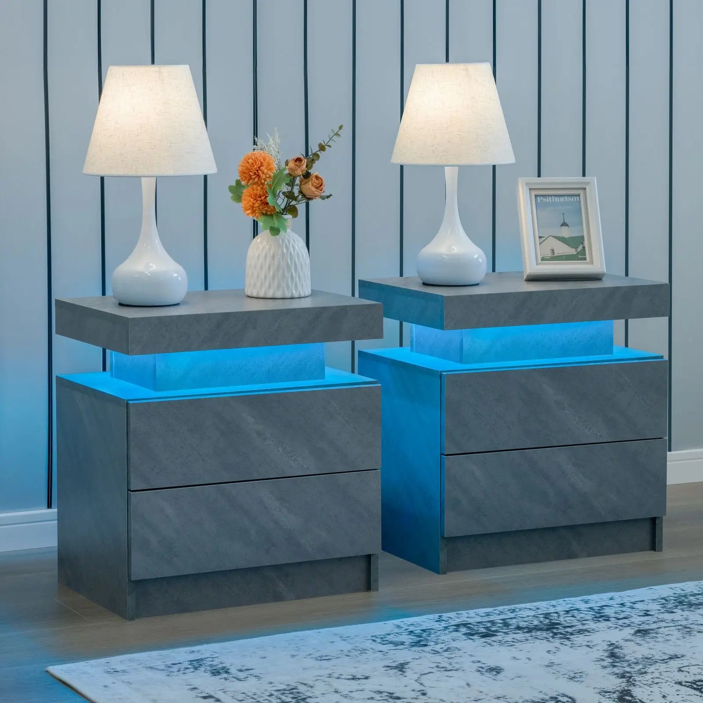 Cubehom LED Nightstands With Drawers Bedside Tables Set Of 2