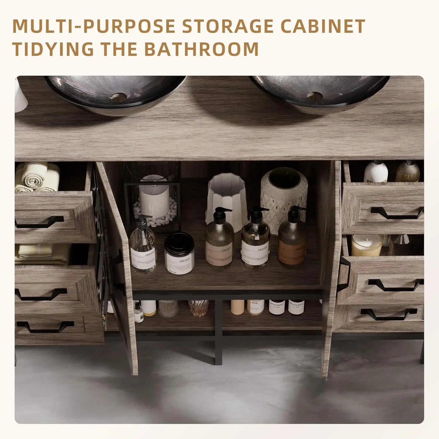 Double Sink Bathroom Vanity With Open Shelves And Six Drawers