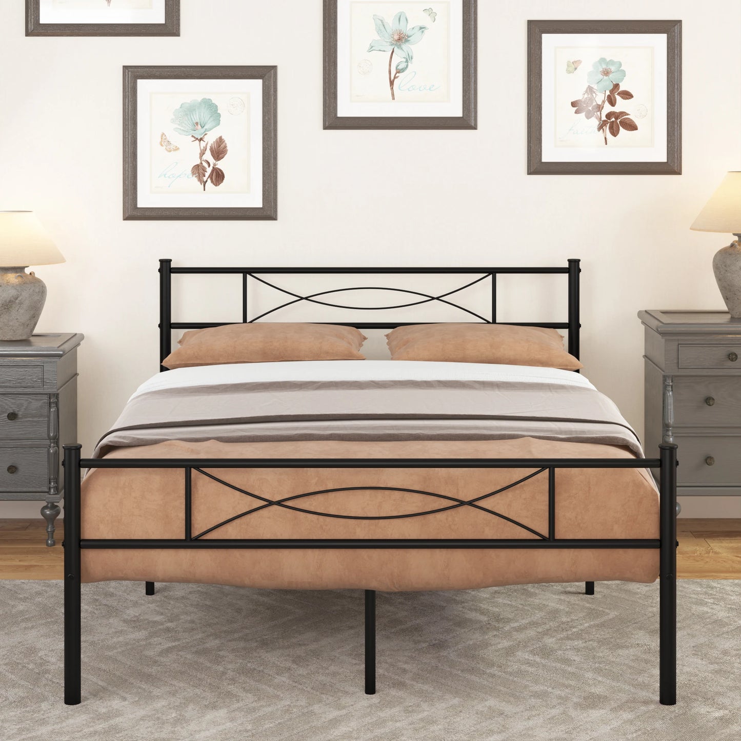 MERRONIX Bed Frame With Headboard And Metal Platform
