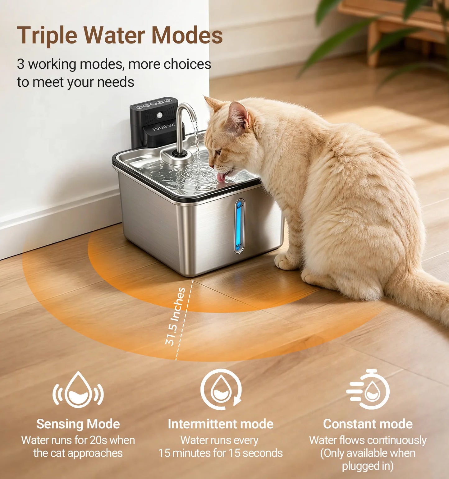 Stainless Steel Cordless Cat Water Fountain With 3.5L Capacity