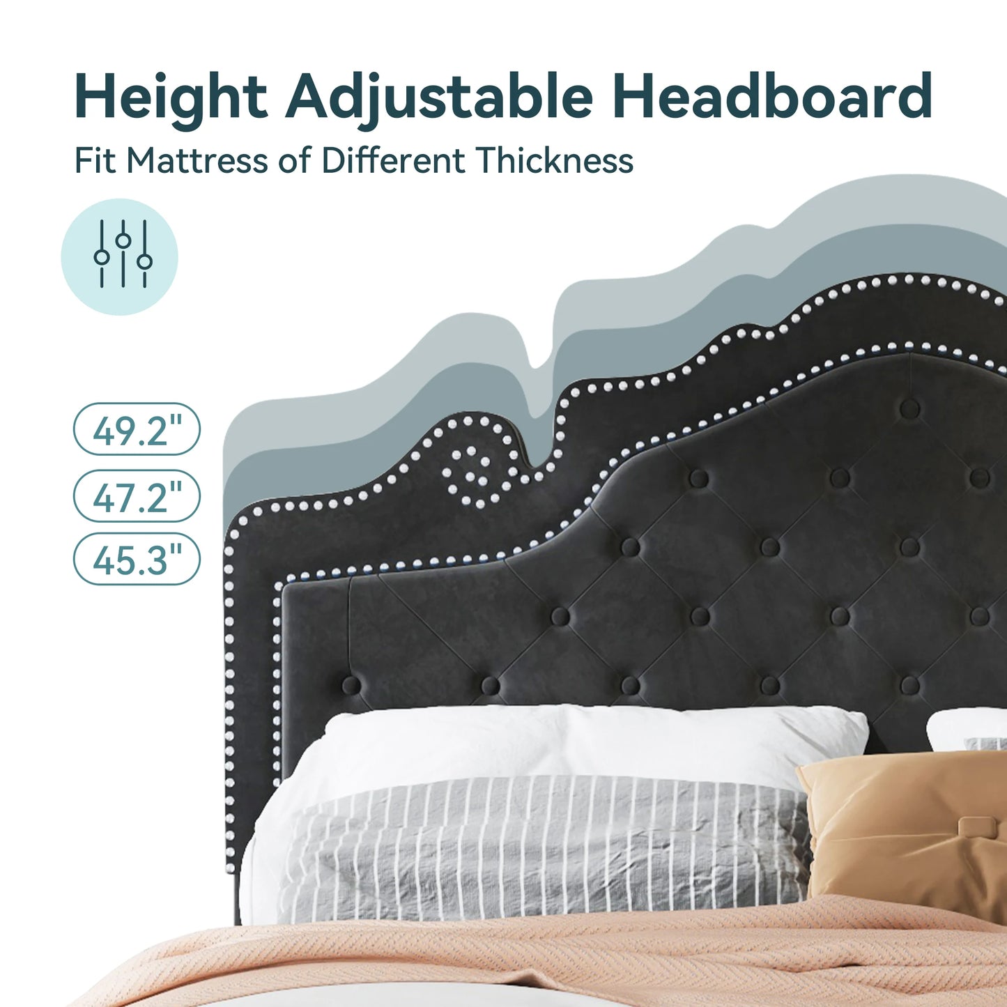 HOOMIC Velvet Diamond Tufted Bed Frame With Adjustable Tiara Headboard